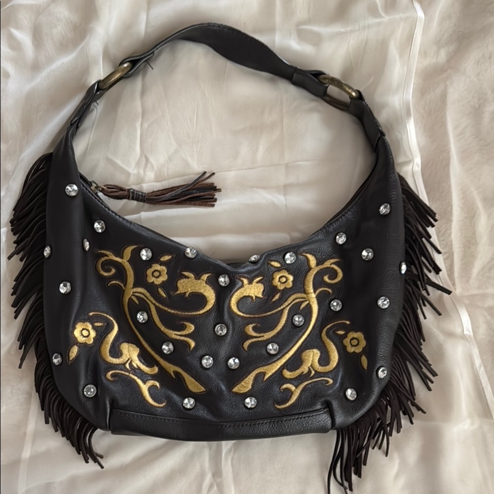 Carlos Falchi Black and Gold Hobo Bag with Fringe